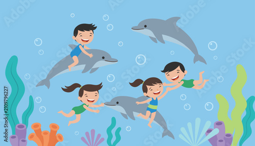 Children swimming underwater with friendly dolphins near a colorful coral reef and aquatic plants in clear blue ocean water.