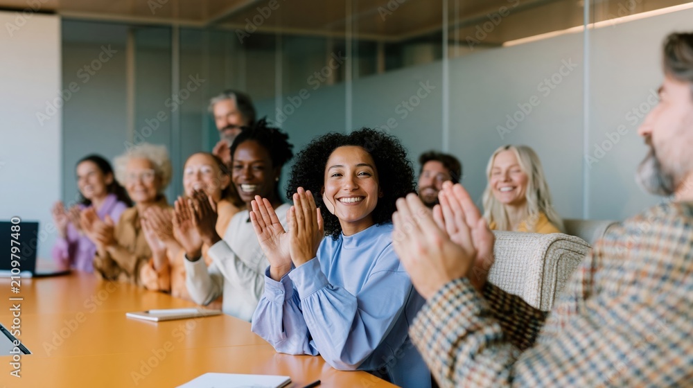 Fototapeta premium A diverse group of colleagues sitting at an amber conference table applauding, showing a cheerful and appreciative mood in a modern office for business success and team recognition