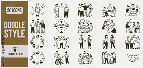 Doodle style vector icons depicting teamwork collaboration and community during business meetings and social gatherings