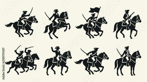 Set of silhouettes of American Revolutionary War soldiers on horseback.