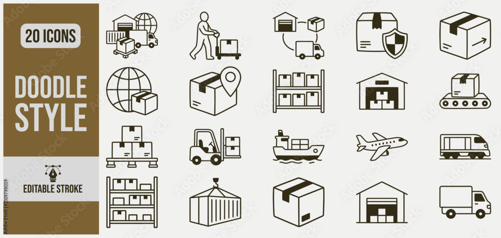 Fototapeta premium Logistics and delivery icons in a clean doodle style with a concept of global shipping and supply chain management