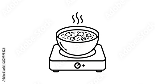 A simple line art illustration of a steaming bowl of soup on a portable electric stove.