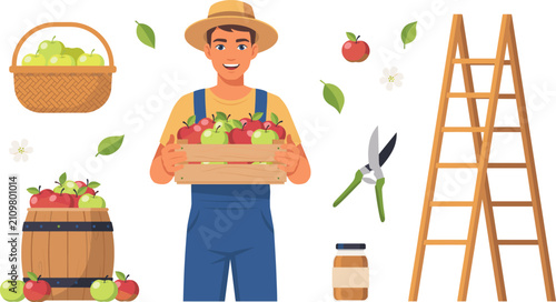 Apple Orchard Harvest Vector Set Featuring Male Farmer Holding Crate Basket Wooden Barrel Stepladder and Pruning Shears Icons for Agriculture Designs
