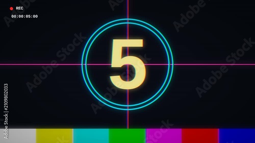 A digital countdown clock pulses on screen with retro broadcast color bars and a recording interface overlay.
