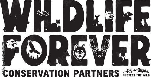  Animal silhouettes incorporated into typography, reminiscent of wildlife graphic styles.