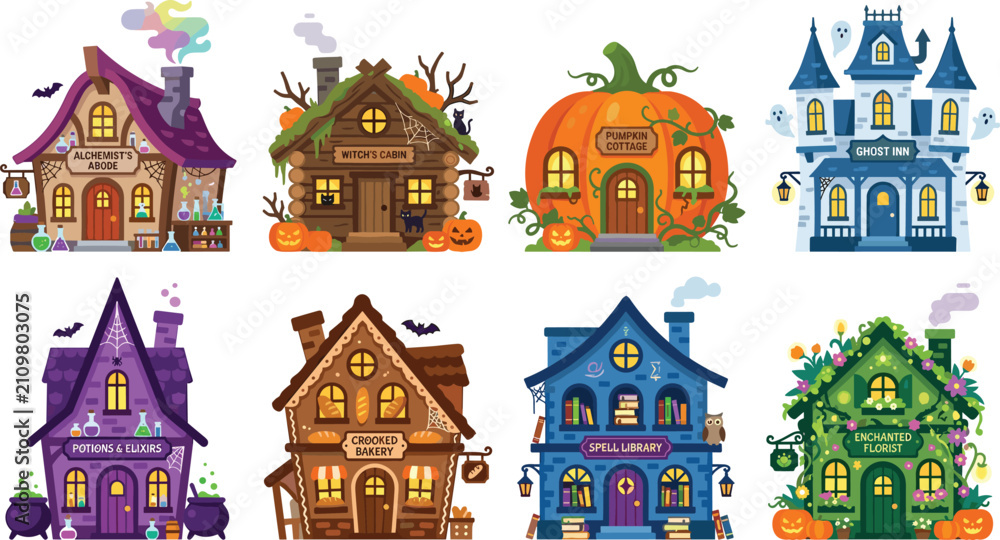 Fototapeta premium Halloween Fantasy Buildings Collection with Witch Cottage Haunted House Pumpkin Home Magic Shop and Spooky Village Vector Set