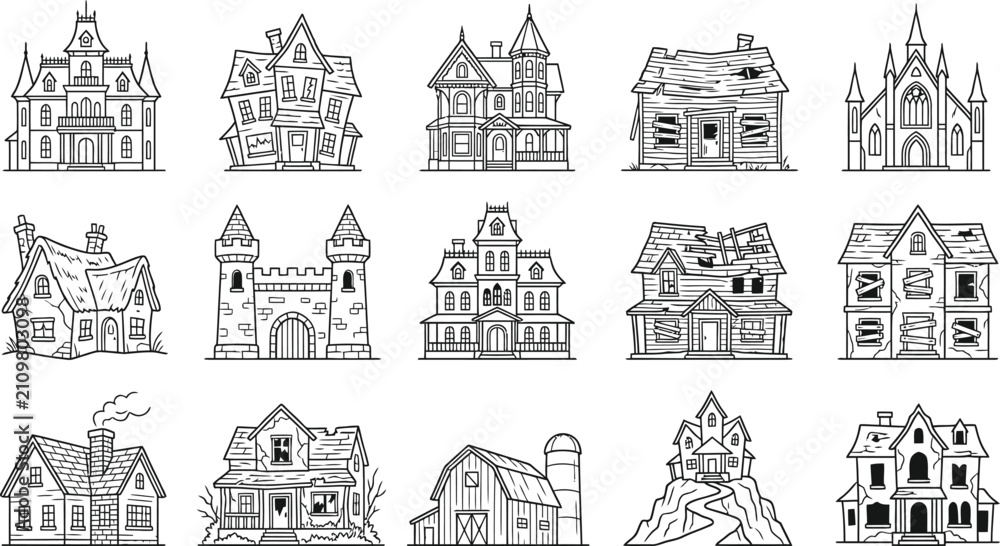 Obraz premium A comprehensive halloween vector bundle featuring a collection of hand drawn haunted house illustrations for spooky holiday design projects and decorations