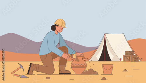 Female archaeologist wearing a yellow hard hat kneeling in the desert sand to carefully clean an ancient clay pottery jar.