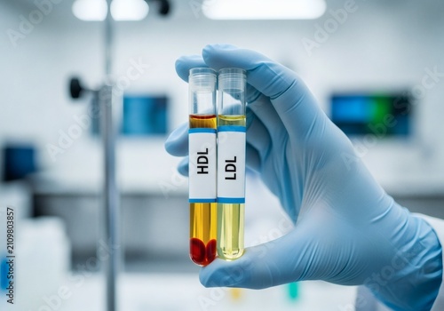 Medical professional holding HDL and LDL cholesterol blood test tubes in laboratory