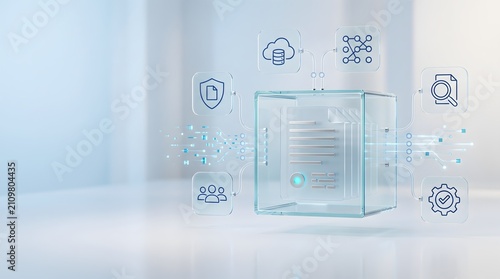 Digital transformation and enterprise data security concept featuring glowing document cube with network cloud database icons