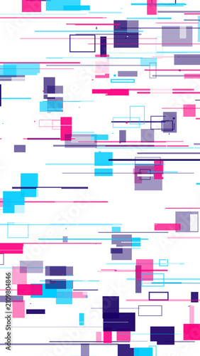 Abstract digital glitch background with pink and blue geometric shapes.