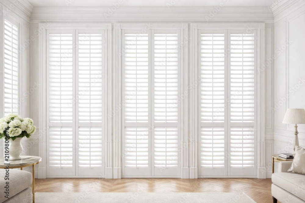 Fototapeta premium Bright Living Room with White Shuttered Windows and Elegant Decor