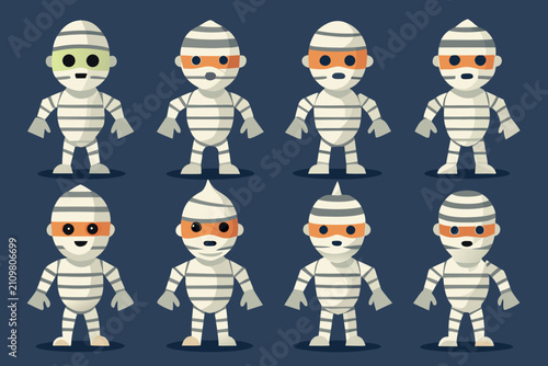 Set of cute mummy characters with different facial expressions, vector illustration of cartoon mummies for halloween design