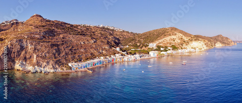 Panoramic aerial view of Klima fishing village, Milos island, Greece