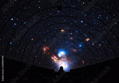 A stunning display of cosmic light projections filling the dome, showing distant stars, nebulas, and the immersive beauty of the universe ,deep ,cosmic ,nebula