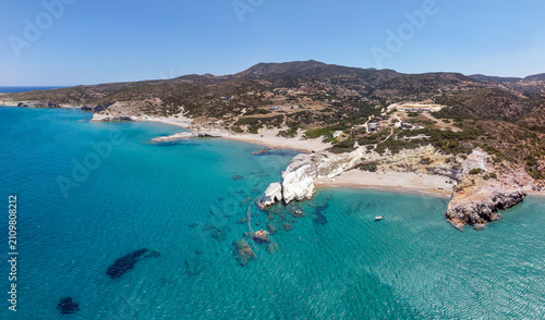 Panoramic aerial view of Triades beaches, Milos island, Greece