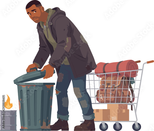 Homeless Man Character Looking Inside Trash Can with Shopping Cart, Backpack, and Barrel Fire Element for Social Crisis Vector Designs