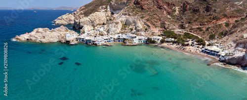 Panoramic aerial view of Firopotamos beach and fishing village, Milos island, Greece