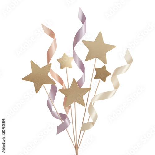 Elegant Golden Star Party Decoration with Curled Ribbons for Birthday Celebration Isolated on White Background