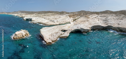 Panoramic aerial view of Sarakiniko beach with lunar landscape, Milos island, Greece