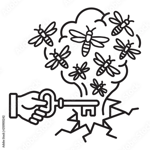 Foto Hand holding key to unlock ground crack releasing swarm of locusts and smoke rep