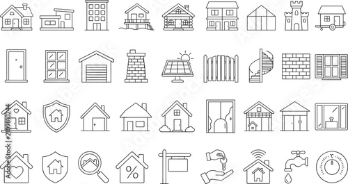Home Construction and Real Estate Outline Icon Set Featuring Houses Building Elements Property Security Renovation and Smart Home Symbols Collection