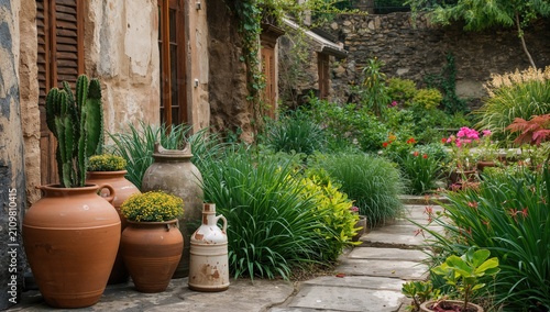 Quadro su tela Quaint Garden Pathway with Terracotta Pots and Greenery in Natural Light