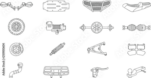 Automotive Spare Parts Line Icon Set Featuring Car Suspension Steering Brake Drivetrain Exhaust Engine Components for Vehicle Repair and Maintenance