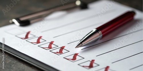 A close-up of a checklist with red check marks and a pen resting on a clipboard.