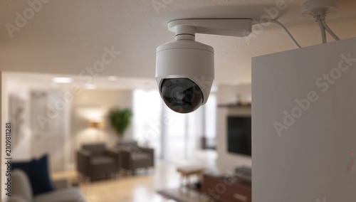 Indoor Security Camera Mounted on Ceiling in Modern Living Room Setting