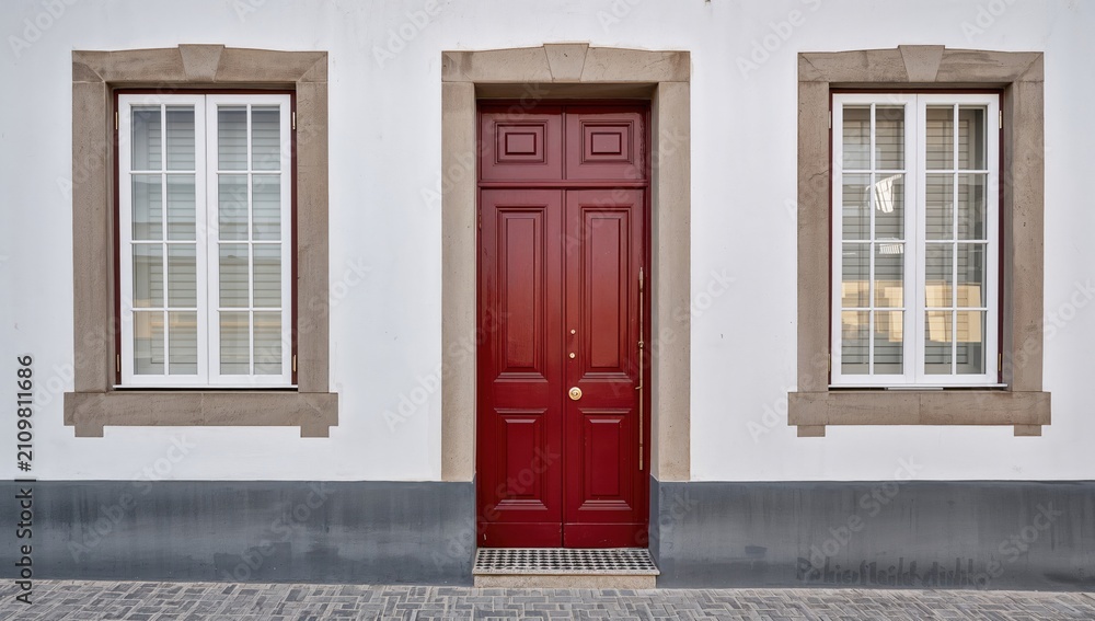 Fototapeta premium Red Door Framed by Windows on a White Wall in Minimalist Style
