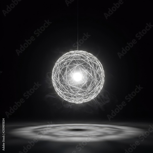 Conceptual design of a delicate suspended luminous sphere, featuring complex geometric shadows and atmospheric illumination ,electric ,delicate ,interior