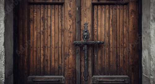 Bild auf Leinwand Antique Wooden Doors with Intricate Metalwork in Soft Natural Light