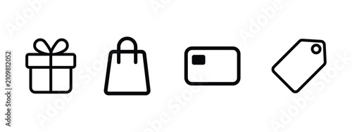 Canvastavla Shopping retail and finance black outline icons set featuring gift bag card and