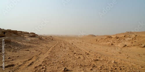 Foto Vast Desert Landscape with Tire Tracks and Rocky Outcrops Under Clear Sky