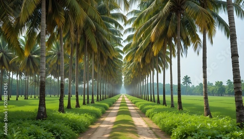 Scenic Tropical Coconut Palm Tree Lined Country Road Through Lush Green Agricultural Fields Under Blue Sky, Peaceful Rural Landscape with Coconut Plantation, Natural Countryside Environment, Eco Farmi