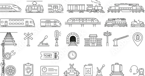 Картината върху платно Railway Transportation and Train Service Line Icon Set Featuring Locomotives, Ra