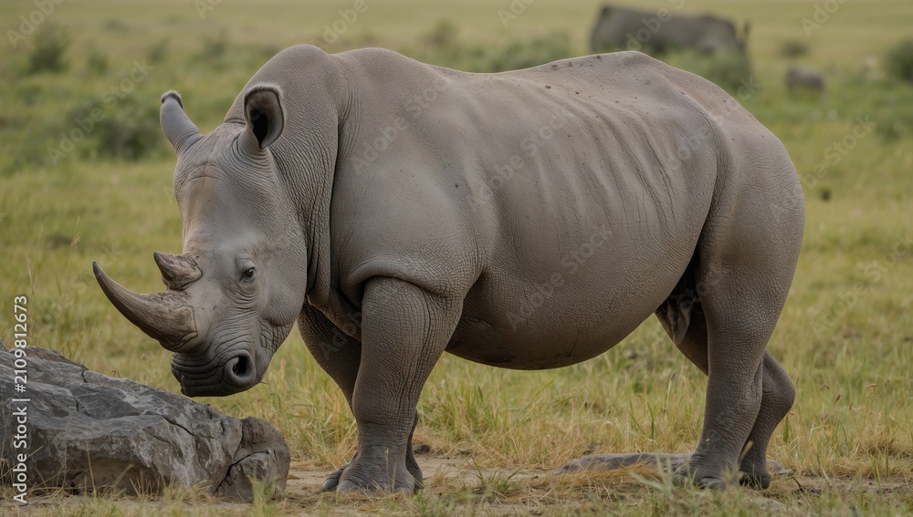 Obraz premium Rhinoceros Grazing Near a Rock in a Savannah Landscape