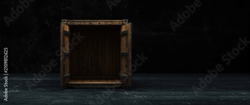Tableau sur toile Open Wooden Crate on Dark Background - Isolated, Minimalist, Dramatic Lighting
