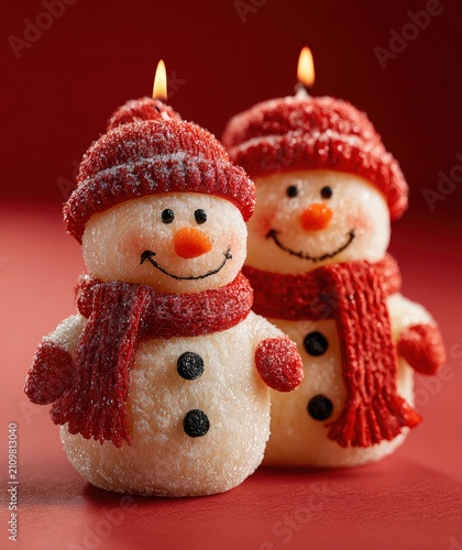 Two smiling snowman-shaped candles with red hats and scarves, glowing warmly against a festive red background.