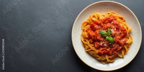 Fotografie Spaghetti with Tomato Sauce and Fresh Basil on a Plate with Dark Background