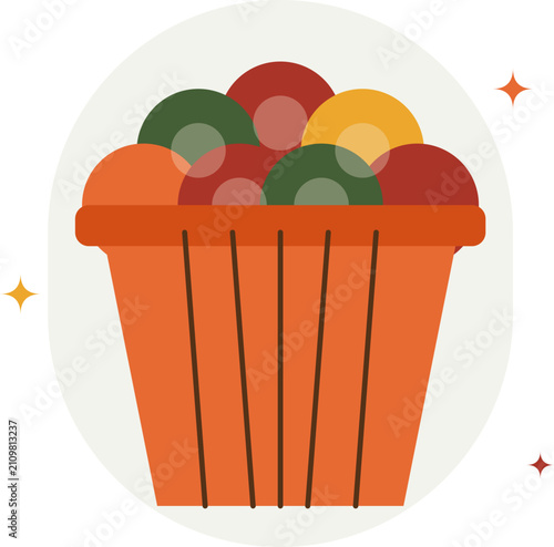 Foto Colorful geometric apples piled inside orange bushel basket illustration isolated on minimalist white circular background