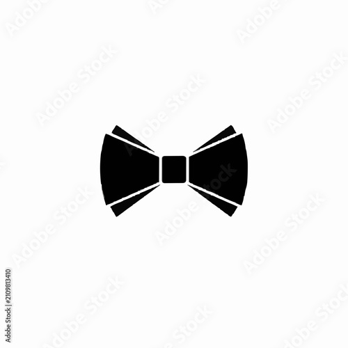 A minimalist black bow tie graphic with a clean silhouette centered on a solid white background representing formal attire and elegance.