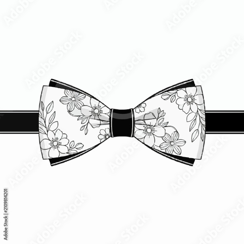 A stylish monochrome bow tie featuring an intricate black and white floral pattern with delicate flowers and leaves. Isolated on a white background for fashion and apparel design.