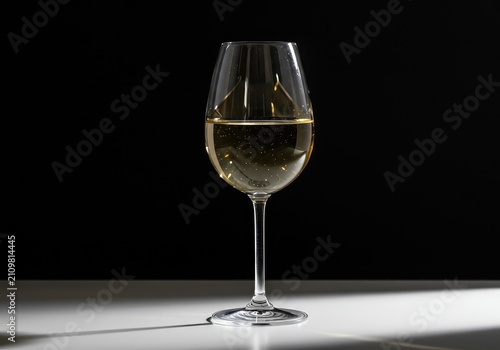 Elegant, minimalist background featuring a crystalline glass of crisp white wine reflecting light on a bright surface for sophisticated imagery ,taste ,copy space ,minimalist