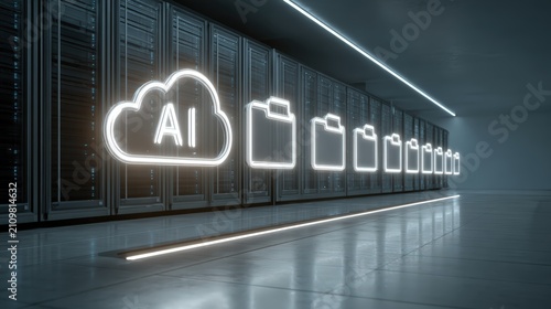 A futuristic data center featuring neon icons representing AI cloud computing and file storage along a row of server racks.