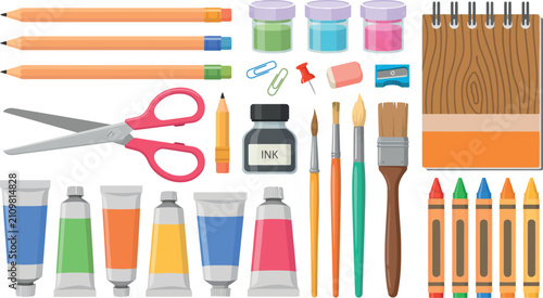 Flat School Supplies and Creative Art Material Vector Set with Paint Tubes Pencils Scissors Paintbrushes Crayons Ink and Spiral Notebook Elements