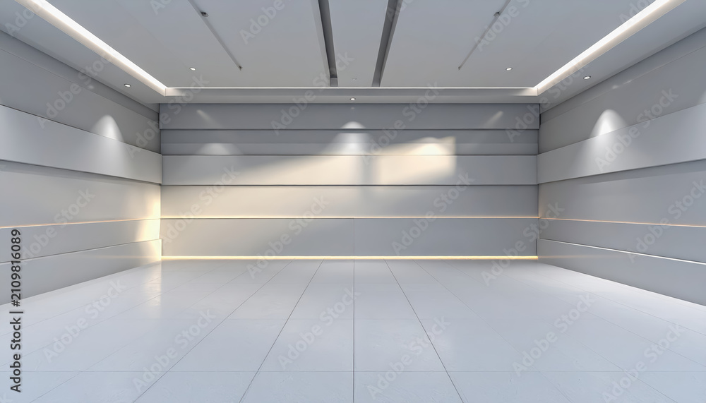Obraz premium Modern white futuristic showroom or exhibition hall with clean lines and subtle lighting