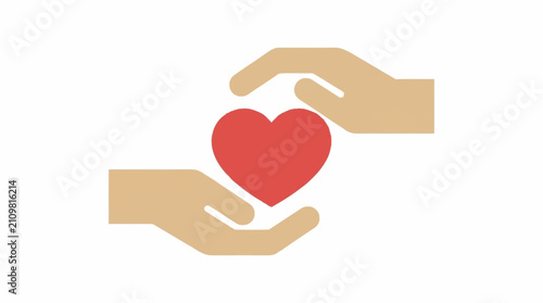 Minimalistic graphic of tan hands cradling a red heart, symbolizing communal support, love, and charitable protection