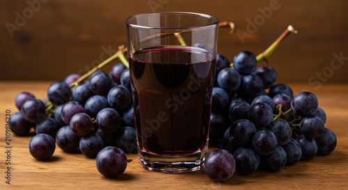 Freshly pressed purple grape juice poured into a clear glass, resting on a wooden table among ripe clusters ready for harvest ,pressing ,natural ,clear